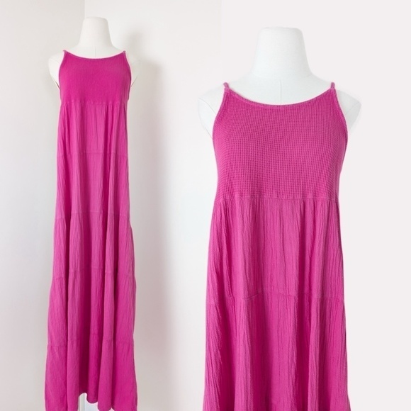 Vintage Dresses & Skirts - 90's Waffle Cotton Midi Dress Halter Empire Waist Floor Length Sleeveless Tank